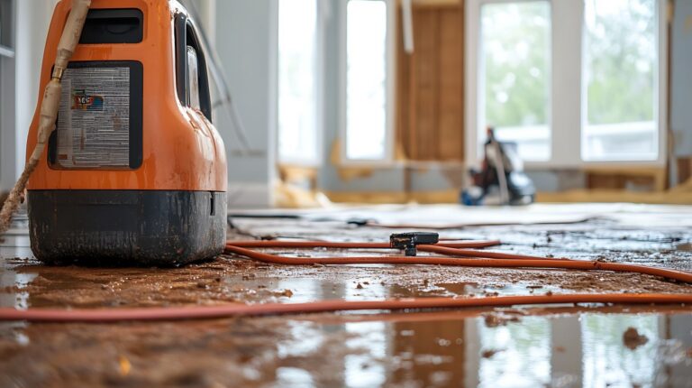 Commercial air mover drying wet hardwood floor after water damage, part of emergency water extraction and drying services in Downriver Detroit, MI.