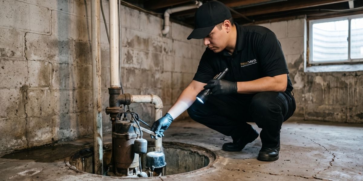 Paul Davis technician inspecting sump pump water damage in a Downriver Detroit basement