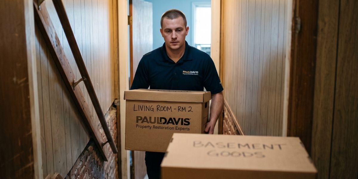 A Paul Davis Restoration technician carrying a labeled moving box up a narrow staircase in an older home.