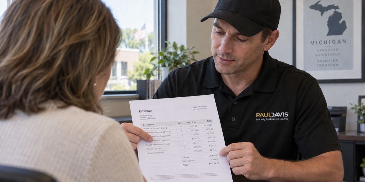 Paul Davis project manager reviews a printed estimate with a business owner during commercial restoration in Michigan