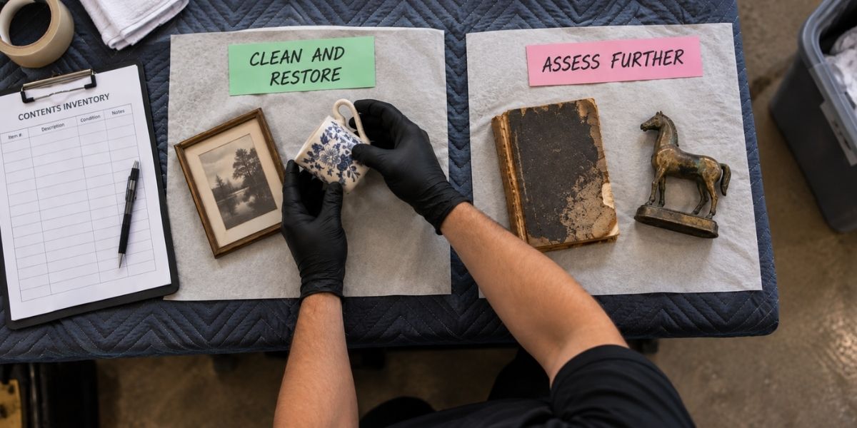 Hands sorting items during a contents cleaning decision-making process