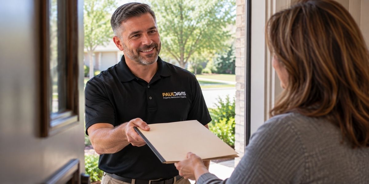 Paul Davis technician handing paperwork to a homeowner at the door after a contents packout