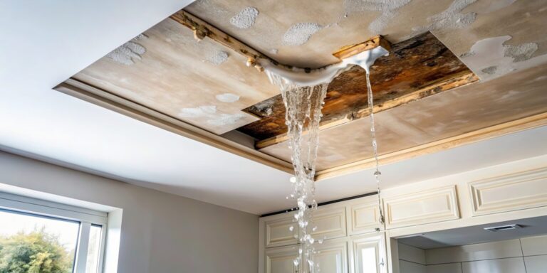 Severe ceiling water leak causing structural damage and active water intrusion inside home requiring emergency water damage restoration in Downriver Detroit, MI.