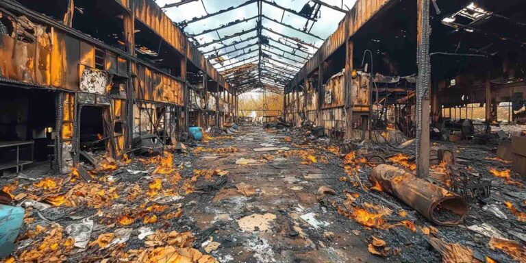 Heavily damaged commercial building interior after fire with extensive debris and structural loss requiring professional fire damage restoration in Downriver Detroit, MI.