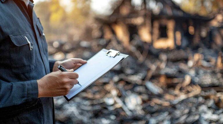Insurance adjuster documenting fire damage and assessing property loss for restoration in Downriver Detroit MI.