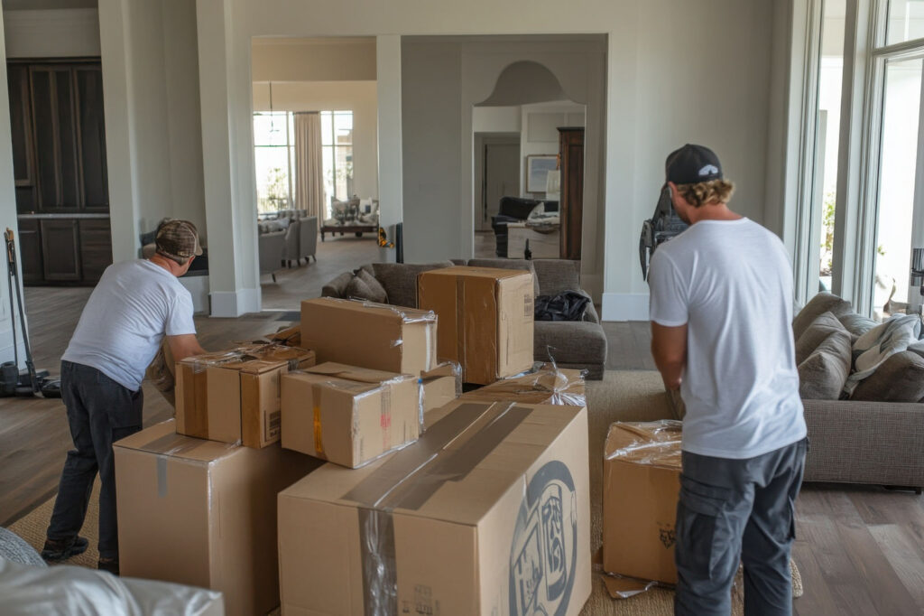 Two restoration professionals handling packed boxes during contents packout in a home